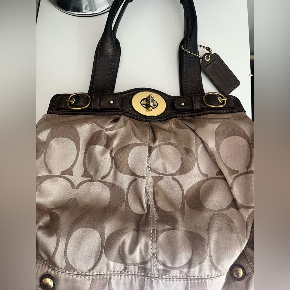 Coach Tan and Brown Signature Shoulder Bag